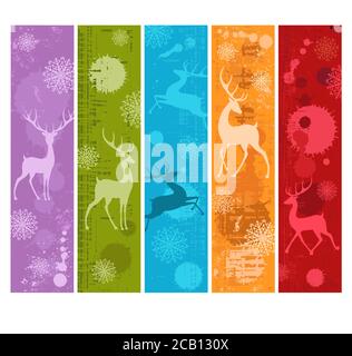 Set of Christmas vertical banner, gift tag, card, badge, sticker in retro style with silhouette of deer. Vector vertical grunge template card for gree Stock Vector