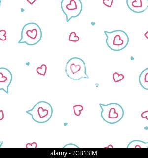 Seamless pattern with hearts and speaking bubbles. Doodle for backgrounds and seamless prints in white background. Stock Vector