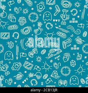 Seamless pattern of gaming objects. Virtual reality, computers, game genres and related stuff. Vector illustration in doodle style. Vector Stock Vector