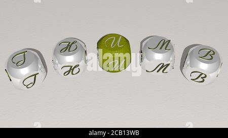 thumb curved text of cubic dice letters. 3D illustration. background and hand Stock Photo
