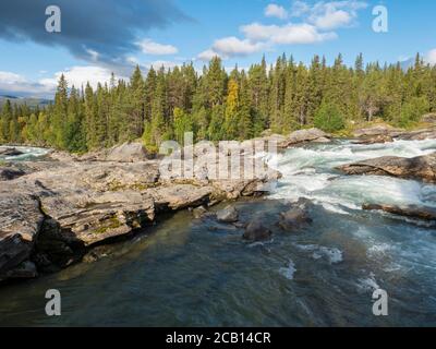 Beautiful northern landscape with wild glacial river Kamajokk, boulders and spruce tree forest in Kvikkjokk in Swedish Lapland. Summer sunny day Stock Photo