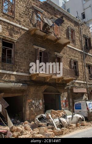 Damage from huge blast that devastated  Beirut on the detonation of 2,750 tones of ammonium nitrate stored at the city's port. Stock Photo