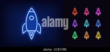 Neon rocket icon. Glowing neon spacecraft sign, spaceship flight in vivid colors. Space exploration, startup launch, product promotion, innovation. Ic Stock Vector