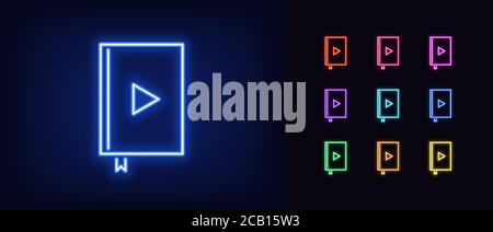Neon audiobook icon. Glowing neon audio book with play sign, online library in vivid colors. Internet bookstore, online education, reading. Icon set, Stock Vector