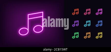 Neon music note icon. Glowing neon note sign, melody in vivid colors. Music festival, radio show, musical evening, karaoke, audio record. Icon set, si Stock Vector