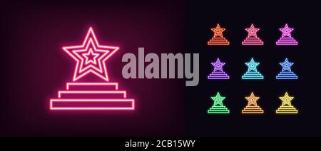 Neon star podium icon. Glowing neon star sign on pedestal, award ceremony in vivid colors. Fashion exhibition, music award, winner, superstar show. Ic Stock Vector