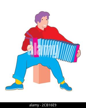 Young musician plays the accordion. Funny character. Cartoon man plays beautiful music. Modern style. Vector illustration flat design. Stock Vector