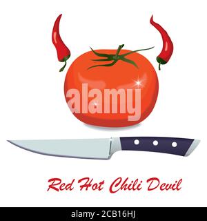 Red Hot Chili Devil. Tomato with red hot peppers on the sides like devil horns. Stock Vector