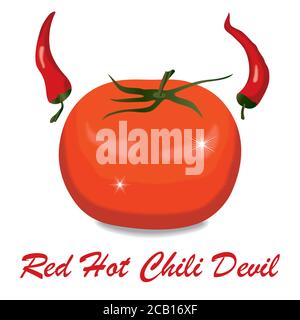 Red Hot Chili Devil. Tomato with red hot peppers on the sides like devil horns. Stock Vector