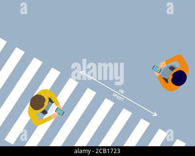Social distancing, People using smartphone walking across crosswalk  keep distance for 2 centimeters, health protection, new normal,vector illustratio Stock Vector