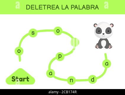 Deletrea la palabra - Spell the word. Maze for kids. Spelling word game template. Learn to read word panda. Activity page for study Spanish Stock Vector