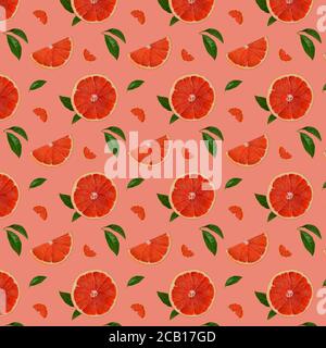Seamless pattern of pink grapefruit half, slice and leaves over a coral pink background. Fresh fruit summer pattern. Isometric flat lay. Top view. Stock Photo