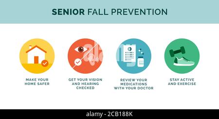 Senior fall prevention tips icons set, healthy lifestyle concept Stock Vector