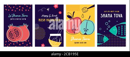 set of Rosh Hashana greeting cards with traditional proverbs and greetings. sweet year as a honey, be a head and not a tail, happy new year, in Hebrew Stock Vector