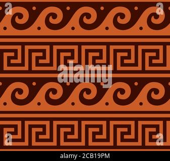 Greek pattern vector seamless design, ancient vase waves decoration in brown and orange Stock Vector
