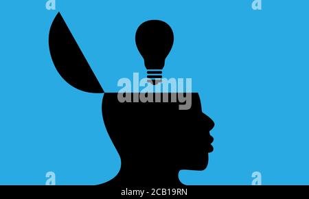 Vector silhouette of black man with side view of head opened to show a light bulb. Illustration is isolated against a blue background. Stock Vector