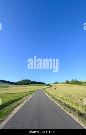 Country road leads through volcanic landscape Hegau, on the left side the Maegdeberg, Baden-Wuerttemberg, Germany Stock Photo