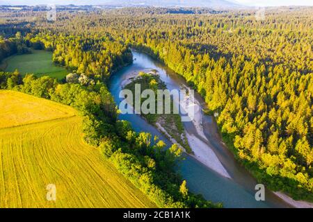 Isar near Bairawies, Toelzer Land, drone recording, Upper Bavaria, Bavaria, Germany
