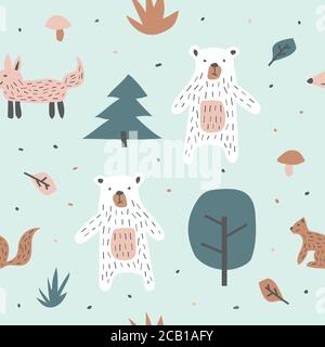 Childish seamless pattern with cute bear fox and squirrel. Creative texture for fabric, textile Stock Vector
