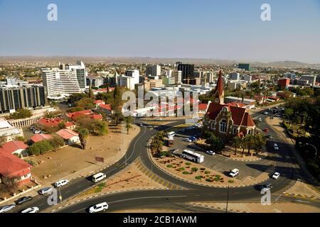 Evangelical Lutheran Church of Christ from 1910 with view of the city, Windhoek, Namibia Stock Photo