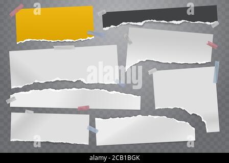 Torn of white and colorful note, notebook paper strips and pieces stuck with sticky tape on grey squared background. Vector illustration Stock Vector