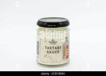 Irvine, Scotland, UK - August 08, 2020: Morrisons Branded jar of Tartare Sauce in recyclable glass jar and metal lid. Stock Photo