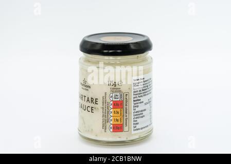 Irvine, Scotland, UK - August 08, 2020: Morrisons Branded jar of Tartare Sauce in recyclable glass jar and metal lid.2020: Morrisons Branded jar of Ta Stock Photo