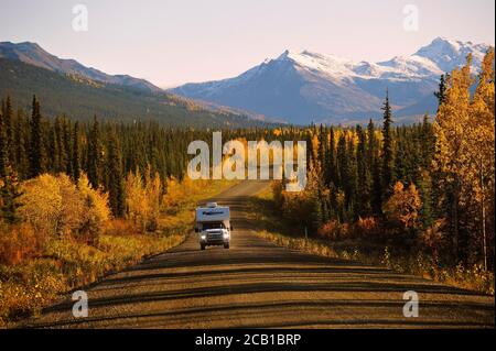 With the camper on the Dempster Highway in the Tombstone Mountains, Yukon Territory, Canada Stock Photo