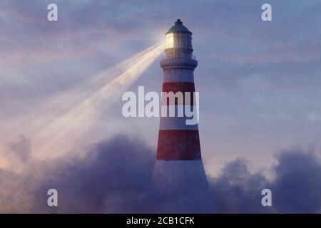3d rendering of an illuminated lighthouse over fluffy clouds Stock Photo