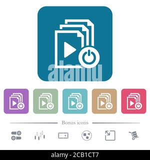 Exit from playlist white flat icons on color rounded square backgrounds. 6 bonus icons included Stock Vector