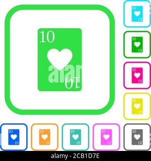 Ten of hearts card vivid colored flat icons in curved borders on white background Stock Vector