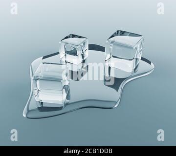 3D illustration of close up ice cubes melting isolated on grey background. High quality 3d illustration Stock Photo