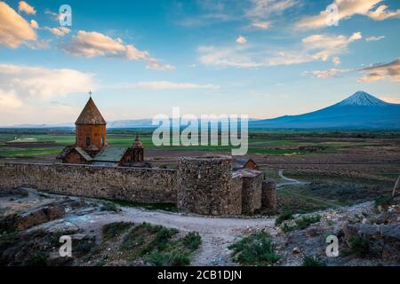Khor Virap Armenian Apostolic Church monastery, at the foot of Mount Ararat, where St. Gregory the Illuminator was imprisoned, Yerevan, Ararat plain, Stock Photo