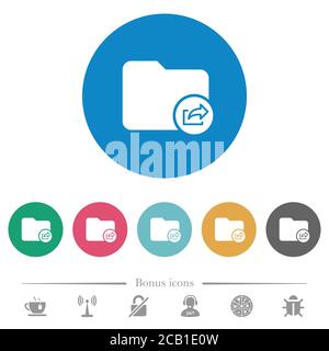 Export directory flat white icons on round color backgrounds. 6 bonus icons included. Stock Vector
