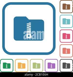 Compressed folder simple icons in color rounded square frames on white background Stock Vector
