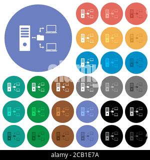 Network file system with server multi colored flat icons on round backgrounds. Included white, light and dark icon variations for hover and active sta Stock Vector
