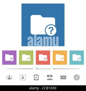 Unknown directory flat white icons in square backgrounds. 6 bonus icons included. Stock Vector