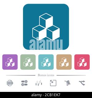 Cubes white flat icons on color rounded square backgrounds. 6 bonus icons included Stock Vector