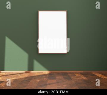 Empty hanging picture or poster frame on a white wall for mock up. 3D illustration. Stock Photo