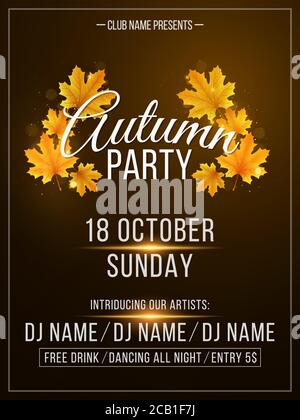 Autumn party flyer. Fall festive template for your project. Orange maple leaf frame and lettering. Abstract golden lights bokeh. Seasonal invitation p Stock Vector