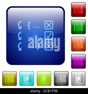 Debugging program icons in rounded square color glossy button set Stock Vector