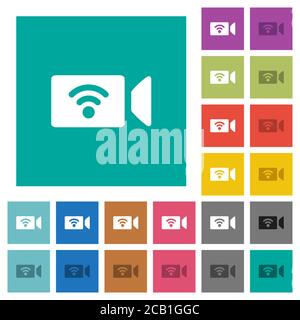 Wireless camera multi colored flat icons on plain square backgrounds. Included white and darker icon variations for hover or active effects. Stock Vector