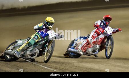 WROCLAW, POLAND - JULY 29, 2017: Speedway couple turnament race Poland - Australia during The World Games 2017. In action Max Fricke (Y) i Bartosz Zma