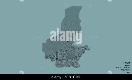 Area of Faryab, province of Afghanistan, isolated on a solid background in a georeferenced bounding box. Labels. Colored elevation map. 3D rendering Stock Photo