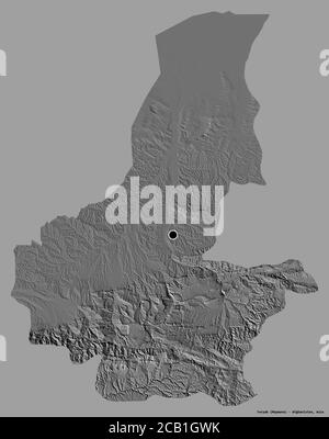 Shape of Faryab, province of Afghanistan, with its capital isolated on a solid color background. Bilevel elevation map. 3D rendering Stock Photo