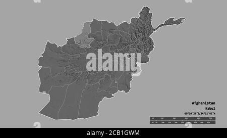 Desaturated shape of Afghanistan with its capital, main regional division and the separated Faryab area. Labels. Bilevel elevation map. 3D rendering Stock Photo