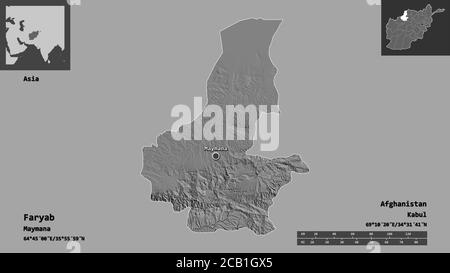 Shape of Faryab, province of Afghanistan, and its capital. Distance scale, previews and labels. Bilevel elevation map. 3D rendering Stock Photo