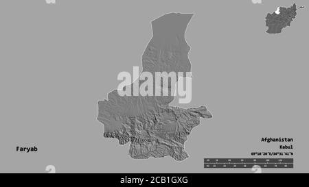 Shape of Faryab, province of Afghanistan, with its capital isolated on solid background. Distance scale, region preview and labels. Bilevel elevation Stock Photo