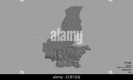 Area of Faryab, province of Afghanistan, isolated on a solid background in a georeferenced bounding box. Labels. Bilevel elevation map. 3D rendering Stock Photo