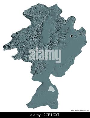 Shape of Ghazni, province of Afghanistan, with its capital isolated on white background. Colored elevation map. 3D rendering Stock Photo